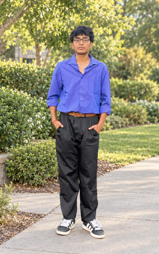 Advaita Gupta standing on a path in a blue shirt and black trousers